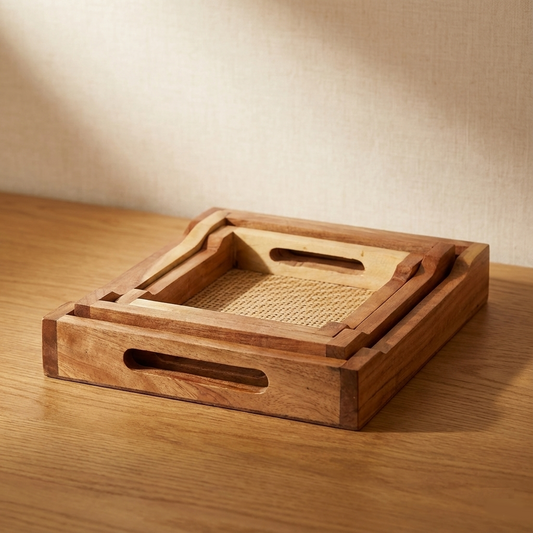 Decorative Wood & Bamboo Trays - Set of 3