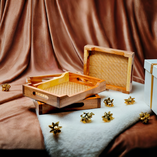 Decorative Wood & Bamboo Trays - Set of 3