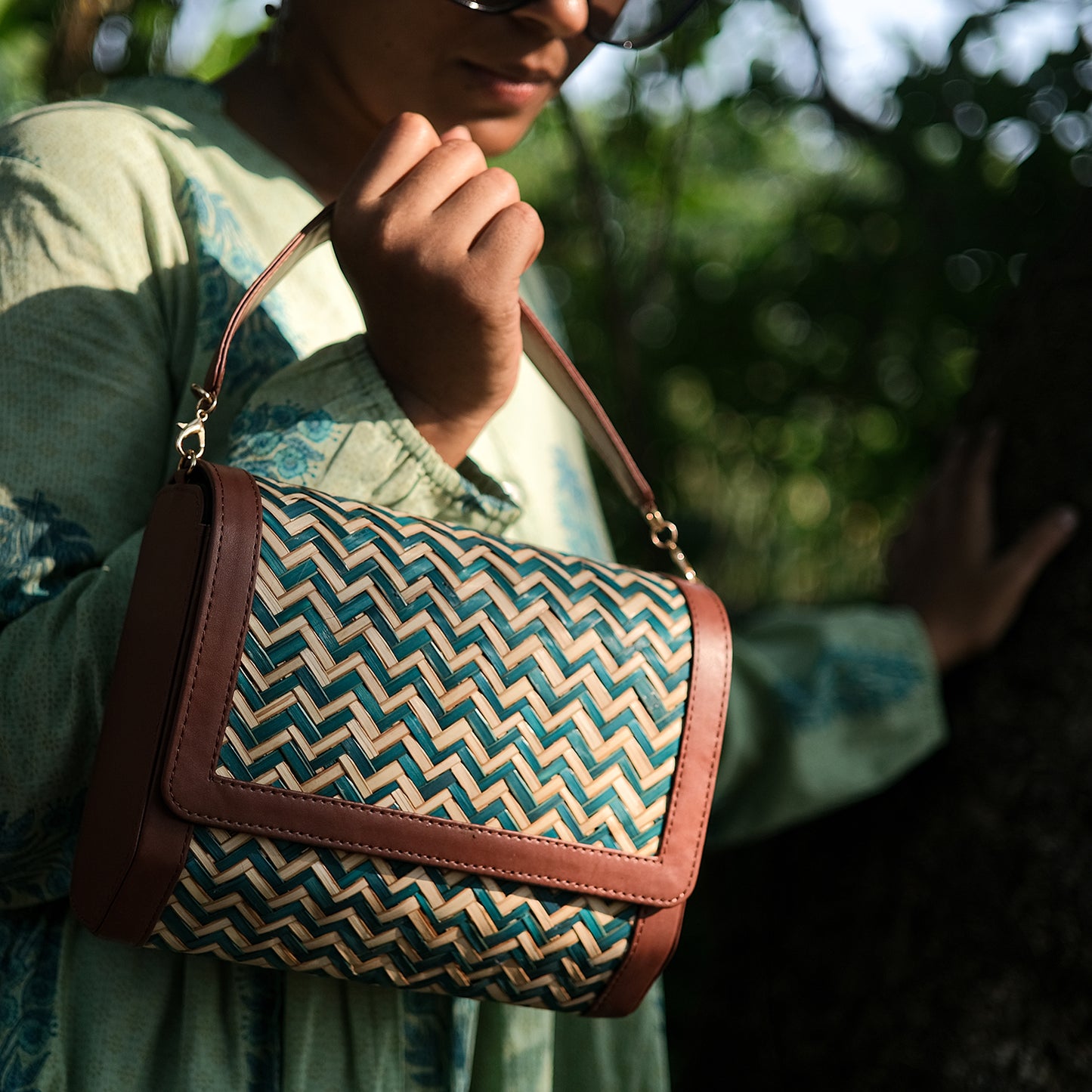 Morbana Woven Sling Bag - Green & Beige