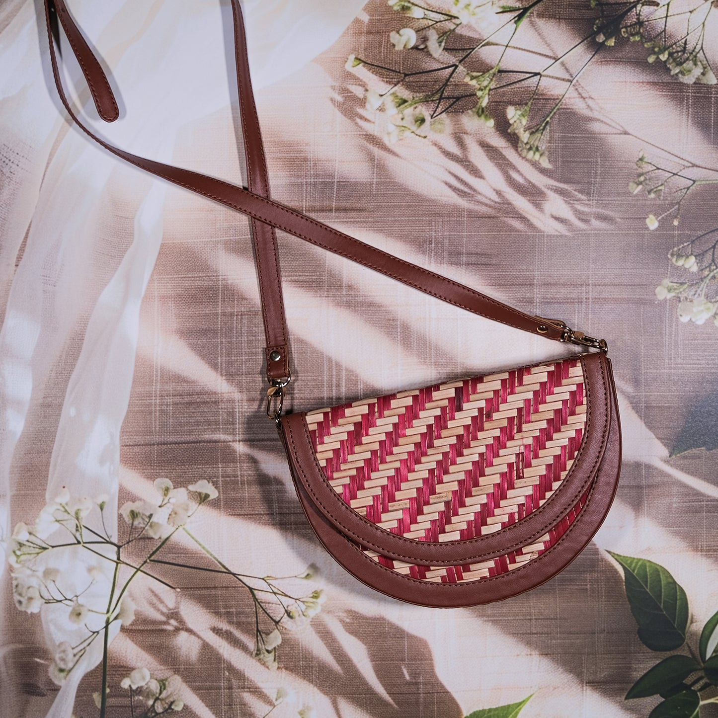 Half Moon Sling Bag - Red & Beige