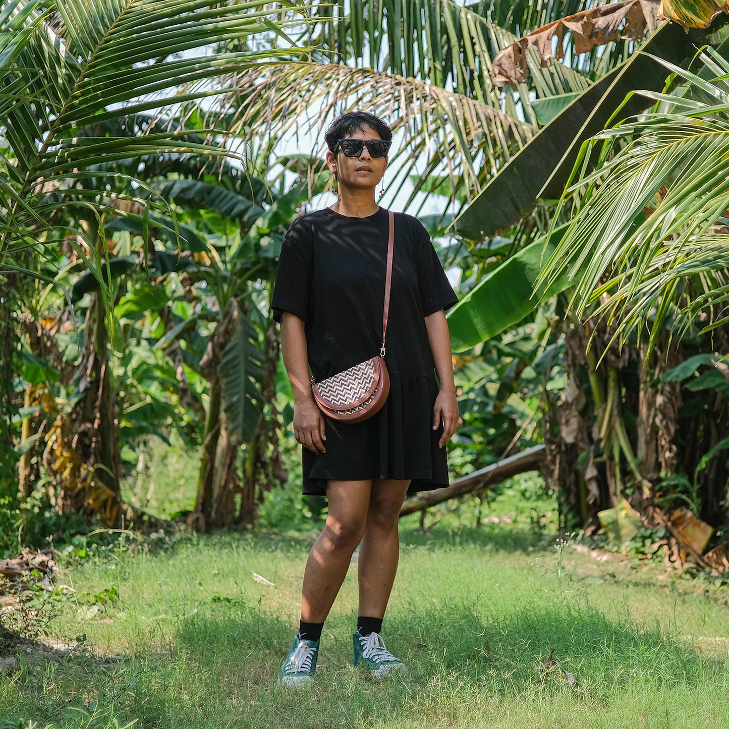 Half Moon Sling Bag - Blue & Beige